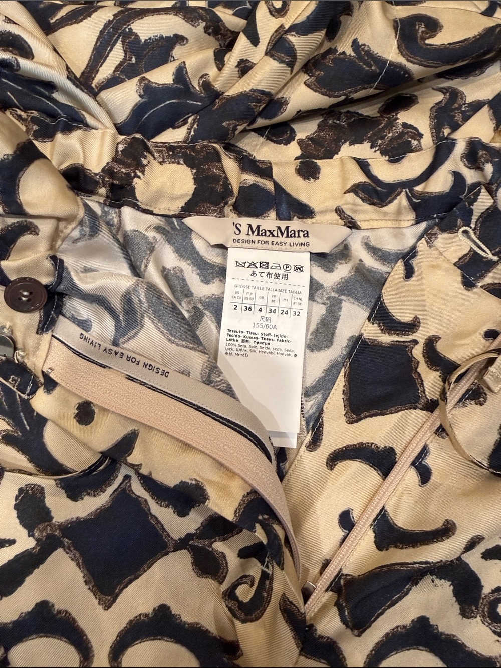 Max Mara 2 Silk Pants Size olive green brown mustard squares, navy blue cream